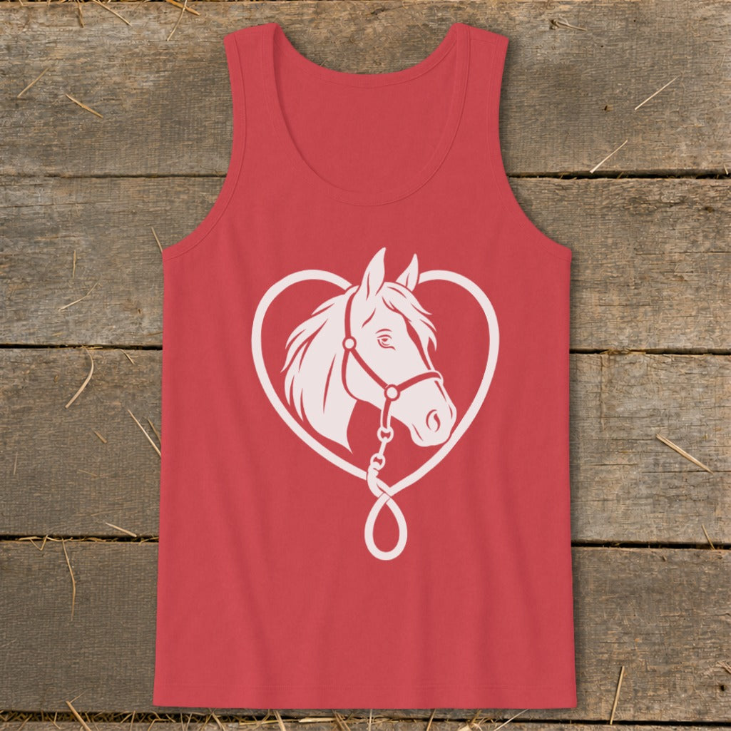A red tank top features a white graphic of a horse head inside a heart-shaped outline.