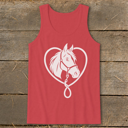 A red tank top features a white graphic of a horse head inside a heart-shaped outline.