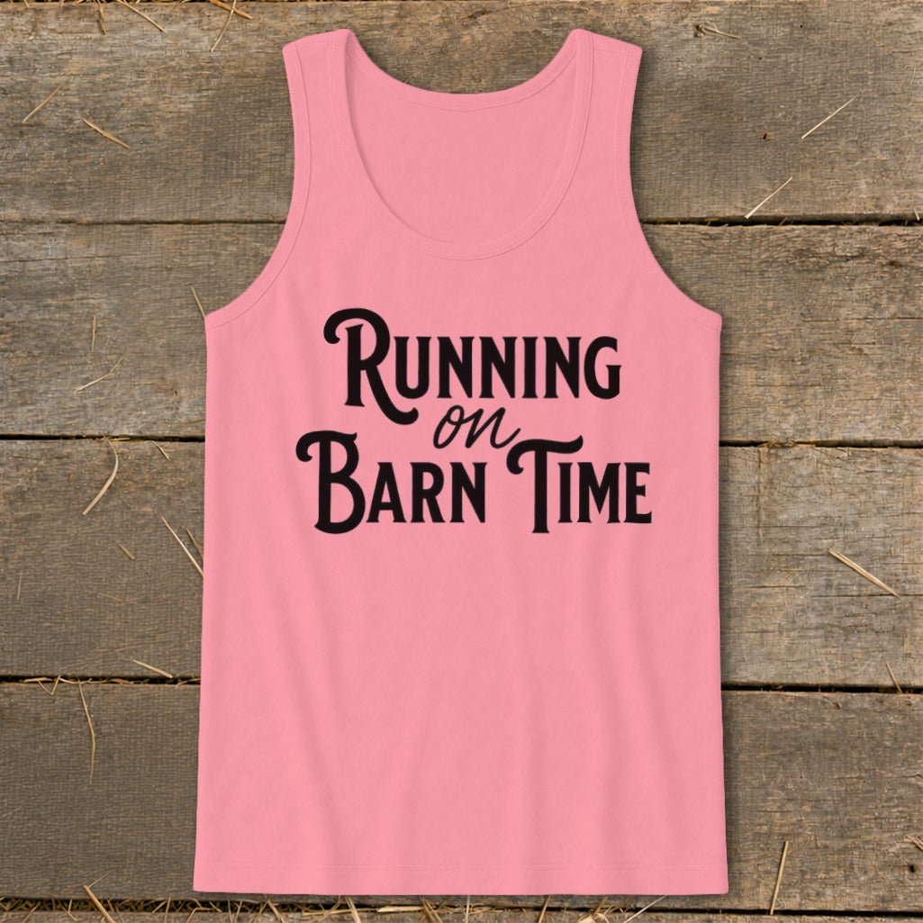 Pink tank top with black text reading "Running on Barn Time."