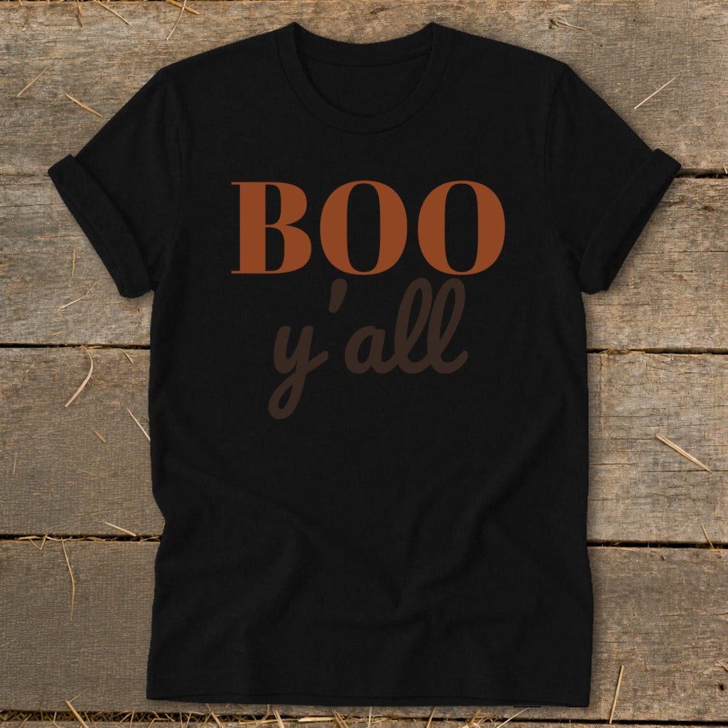Black t-shirt with text "BOO y'all" in orange and brown.