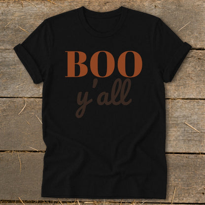 Black t-shirt with text "BOO y'all" in orange and brown.