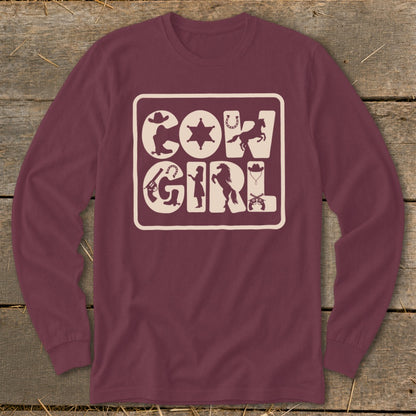 Maroon long sleeve shirt with cream "Cowgirl" design featuring western icons.