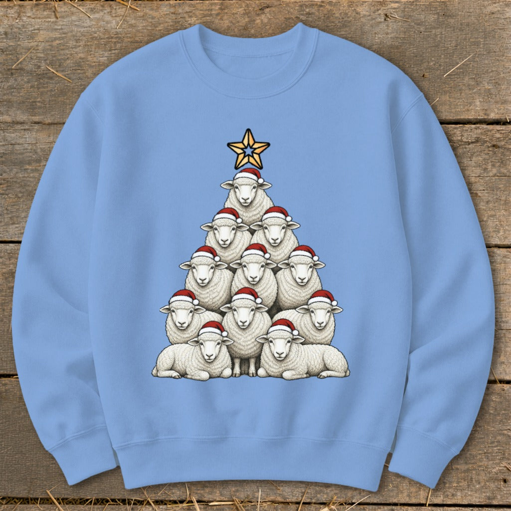 Light blue crewneck sweatshirt with a Christmas tree made of sheep wearing Santa hats.