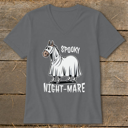 A cartoon horse in a ghost costume with the words "SPOOKY NIGHT-MARE".