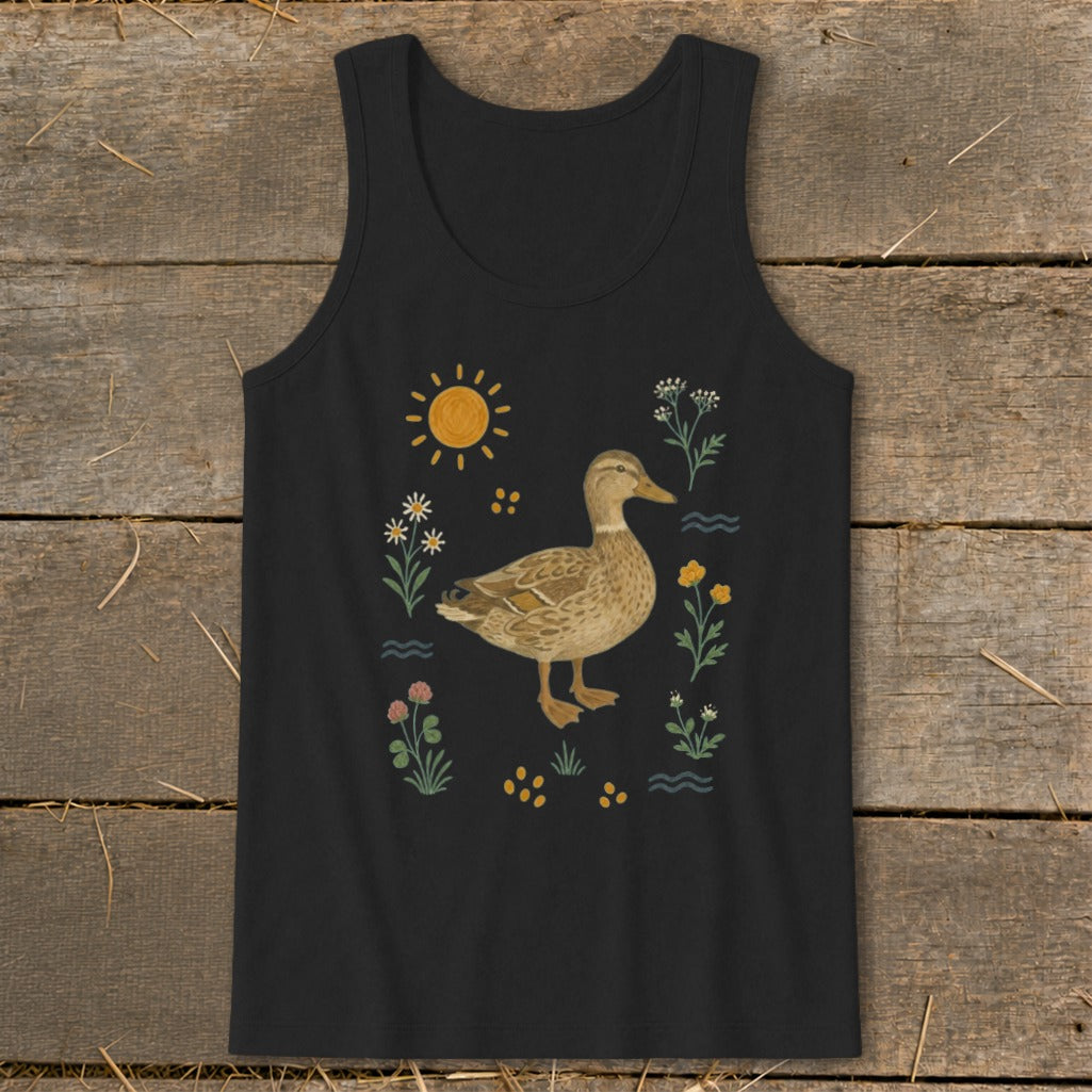 Black tank top with a duck illustration surrounded by flowers, sun, and water.