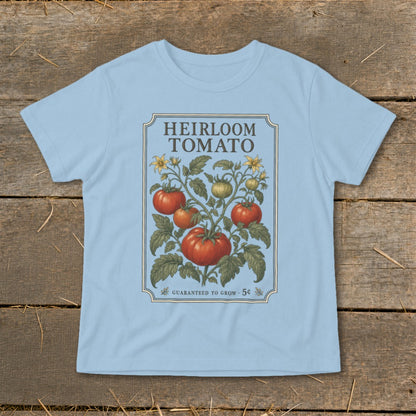 Light blue t-shirt with "Heirloom Tomato" text and tomato plant illustration.