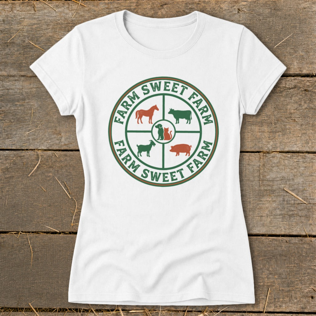 White t-shirt with a circular graphic featuring farm animals and text "FARM SWEET FARM".