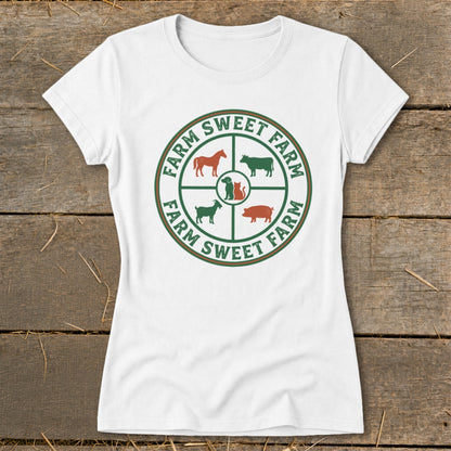 White t-shirt with a circular graphic featuring farm animals and text "FARM SWEET FARM".
