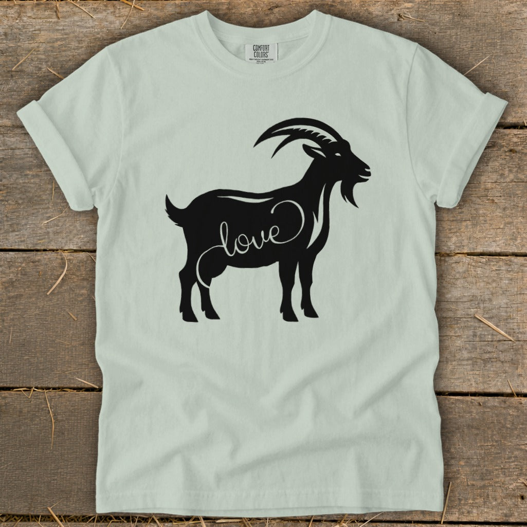 Light green t-shirt with black goat silhouette and the word "love".
