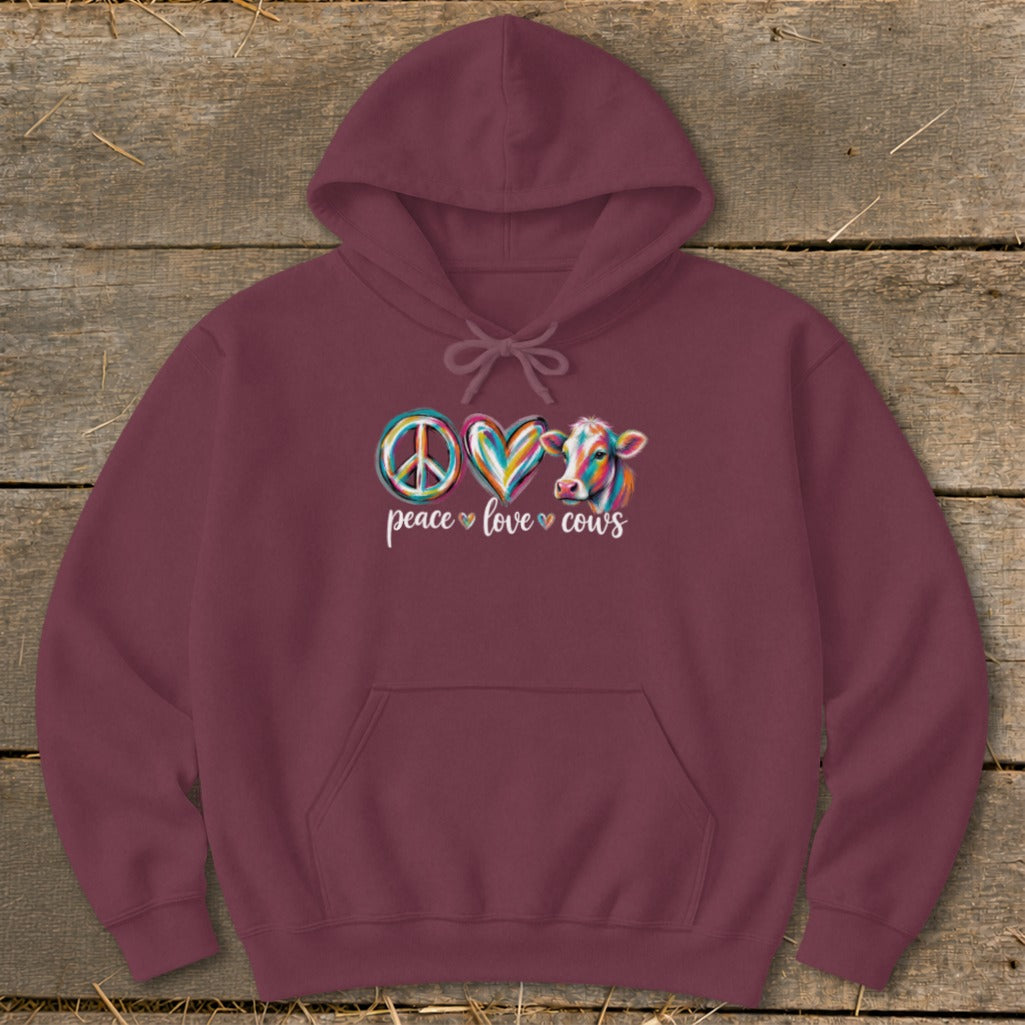 Maroon hoodie with "Peace Love Cows" graphic and cow illustration.
