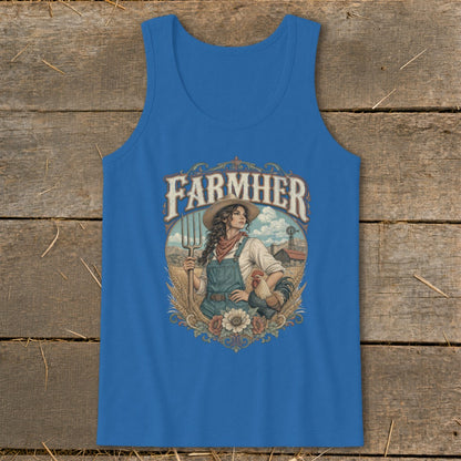 Blue tank top with "Farmher" text and farm scene illustration.