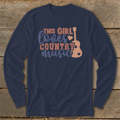 Navy long sleeve shirt with text "This girl loves country music" and guitar graphic.