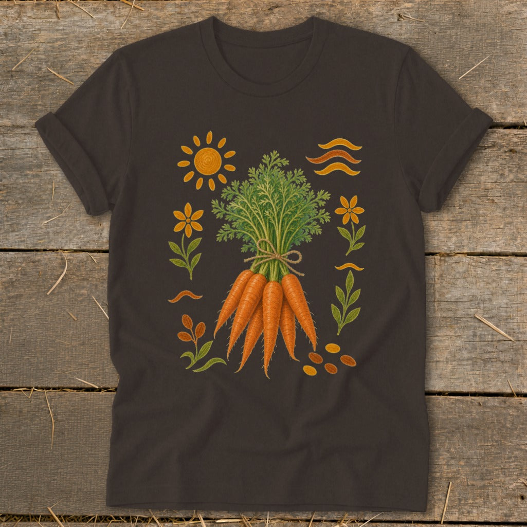 Dark t-shirt with illustration of a bunch of carrots, sun, flowers, and waves.