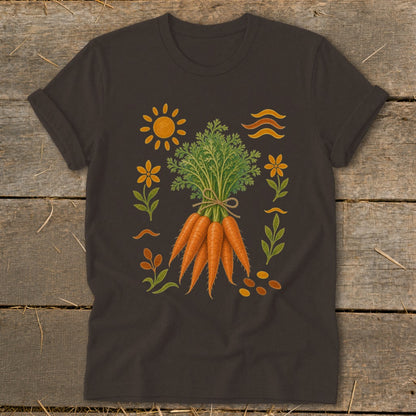 Dark t-shirt with illustration of a bunch of carrots, sun, flowers, and waves.