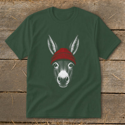 Dark green crewneck t-shirt featuring a white sketch graphic of a donkey wearing a red beanie.