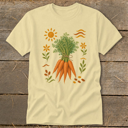 Yellow t-shirt with a bouquet of carrots and surrounding floral and sun illustrations.