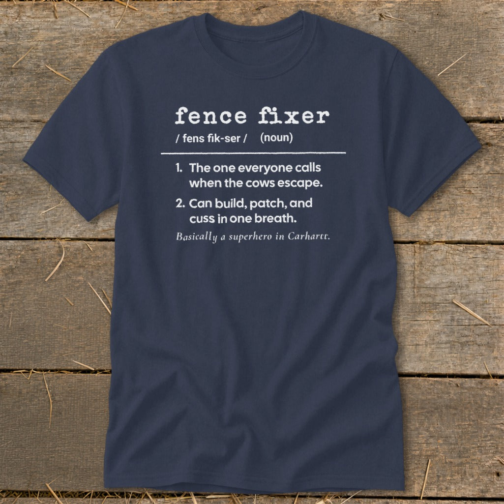 Navy t-shirt with "fence fixer" definition: superhero in Carhartt.