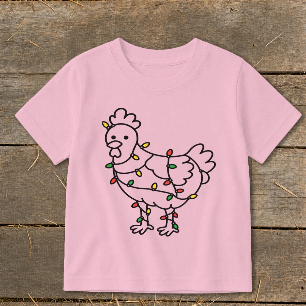Pink t-shirt with a black outline of a chicken wrapped in colorful Christmas lights.