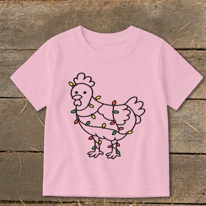 Pink t-shirt with a black outline of a chicken wrapped in colorful Christmas lights.