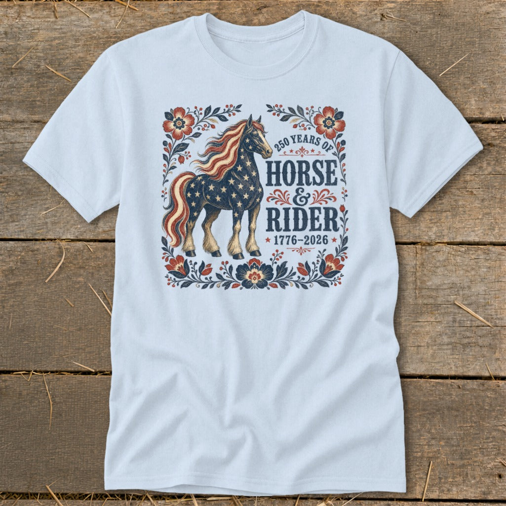 T-shirt with a patriotic horse design celebrating 250 years of horse and rider.