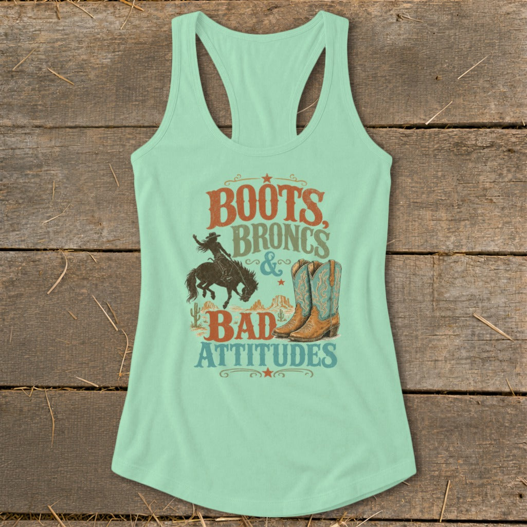 Mint green tank top with "Boots, Broncs & Bad Attitudes" graphic.