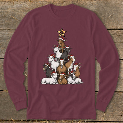 Goats in Santa hats stacked like a Christmas tree with a star on top.