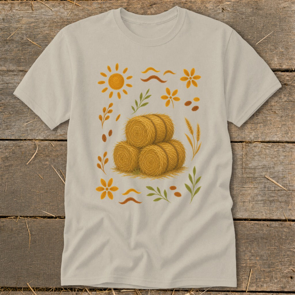 T-shirt with stacked hay bales and autumn-themed illustrations including sun and flowers.