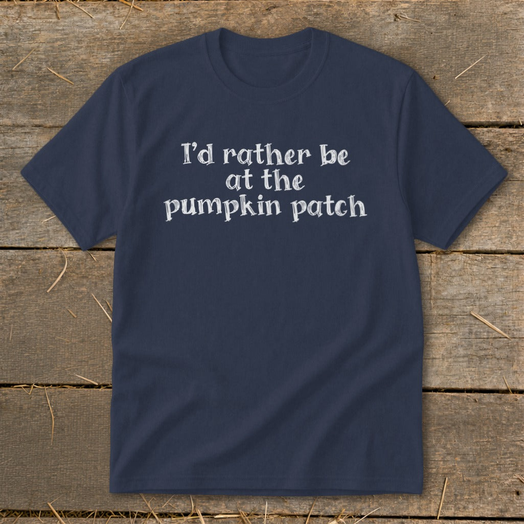 Navy t-shirt with white text reading "I'd rather be at the pumpkin patch."