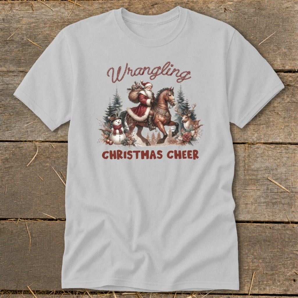 Santa on horseback with snowman, deer, trees, and text "Wrangling Christmas Cheer".