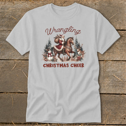 Santa on horseback with snowman, deer, trees, and text "Wrangling Christmas Cheer".
