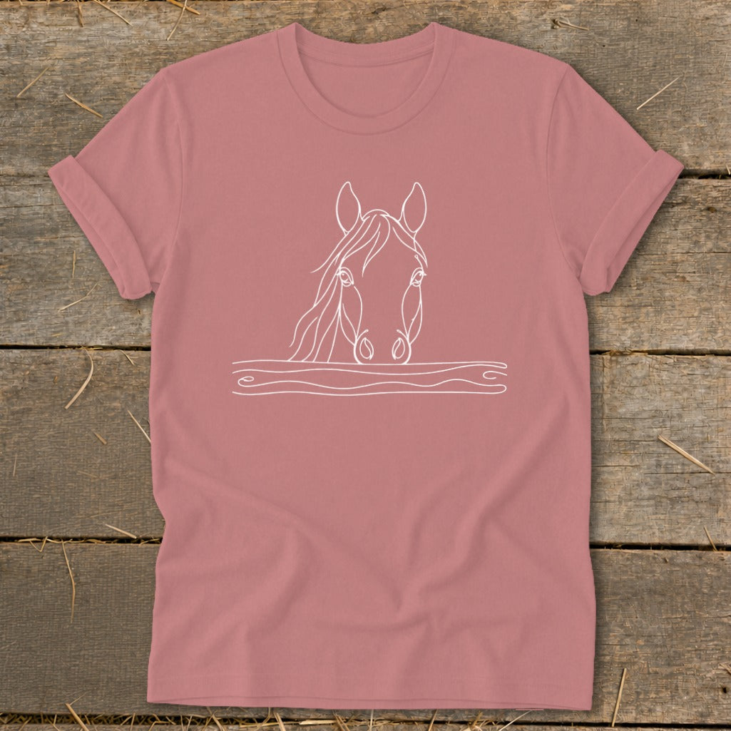 Mauve t-shirt with a white line drawing of a horse's head over wavy lines.