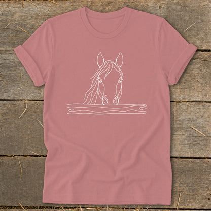 Mauve t-shirt with a white line drawing of a horse's head over wavy lines.