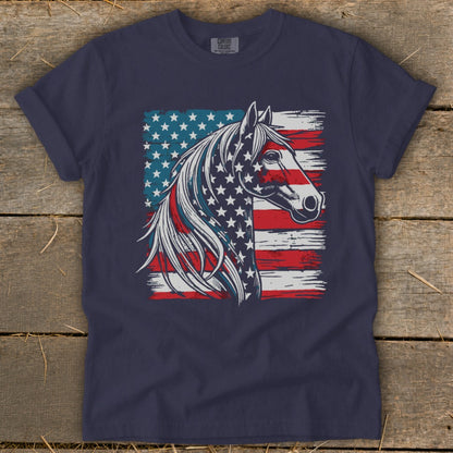 Horse head graphic with American flag design on a navy t-shirt.