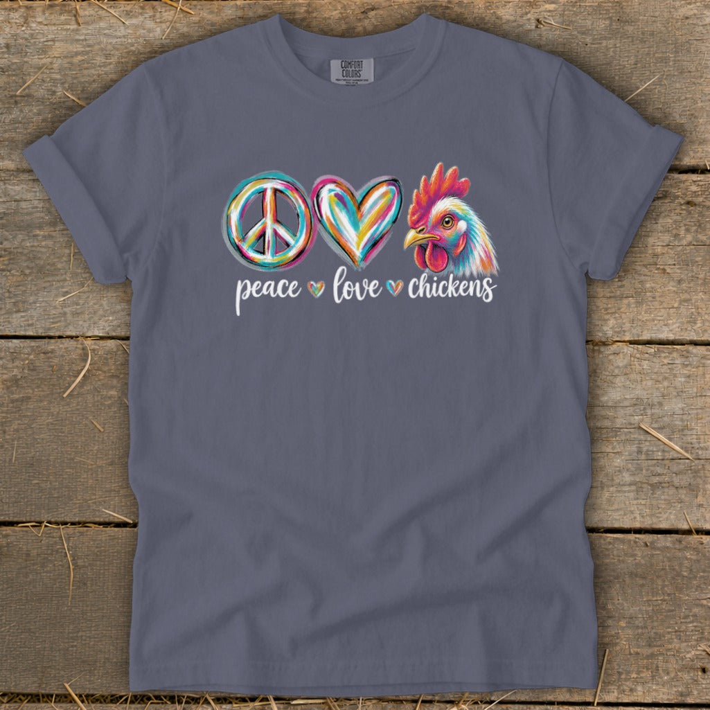 Peace, love, chickens graphic on a grey t-shirt.