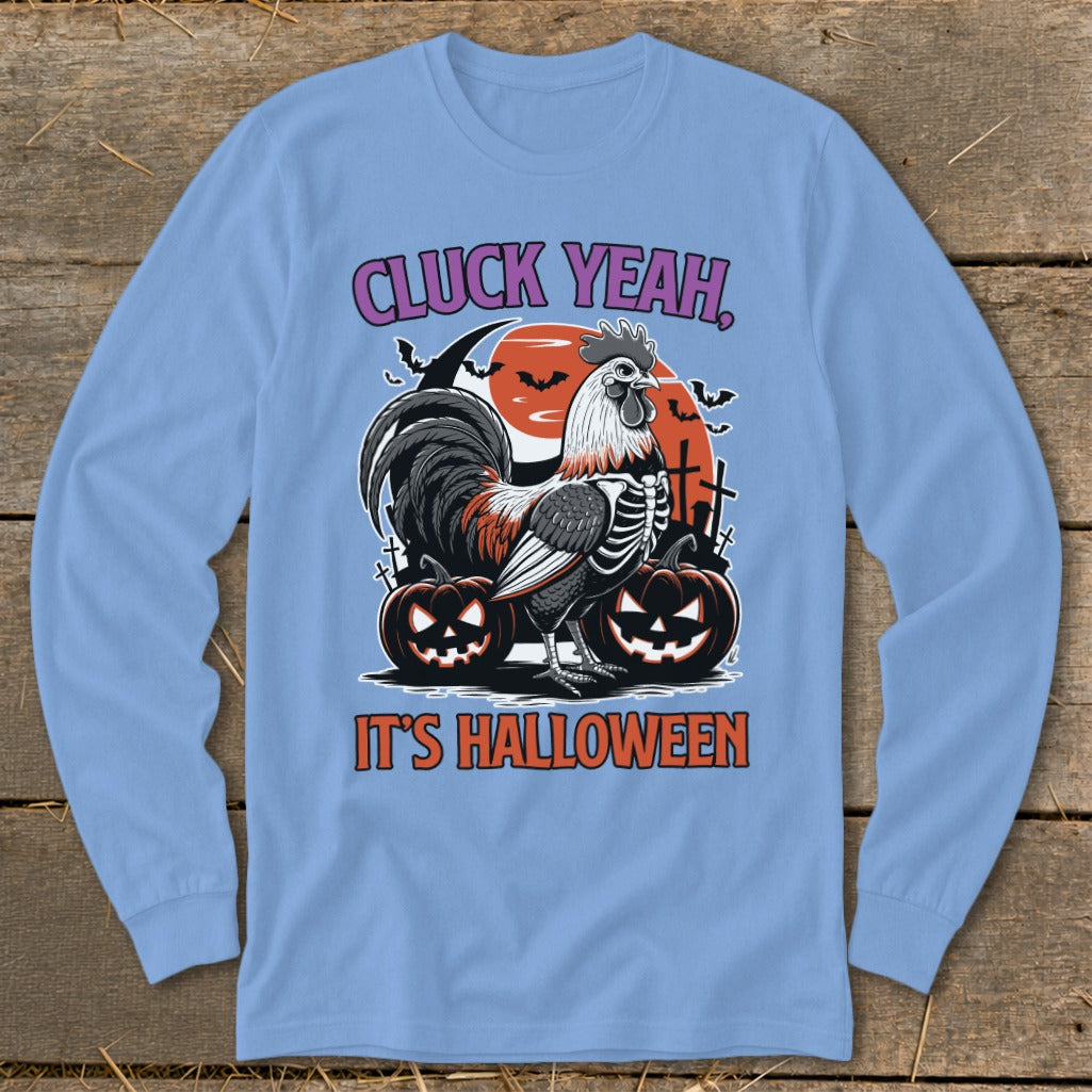 Skeleton rooster with pumpkins and bats, reads "Cluck Yeah, It's Halloween".