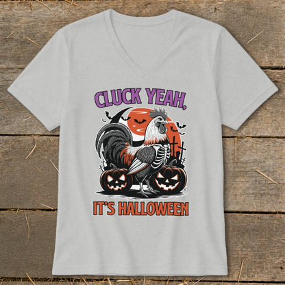 Rooster with skeleton body and pumpkins reads "CLUCK YEAH, IT'S HALLOWEEN".