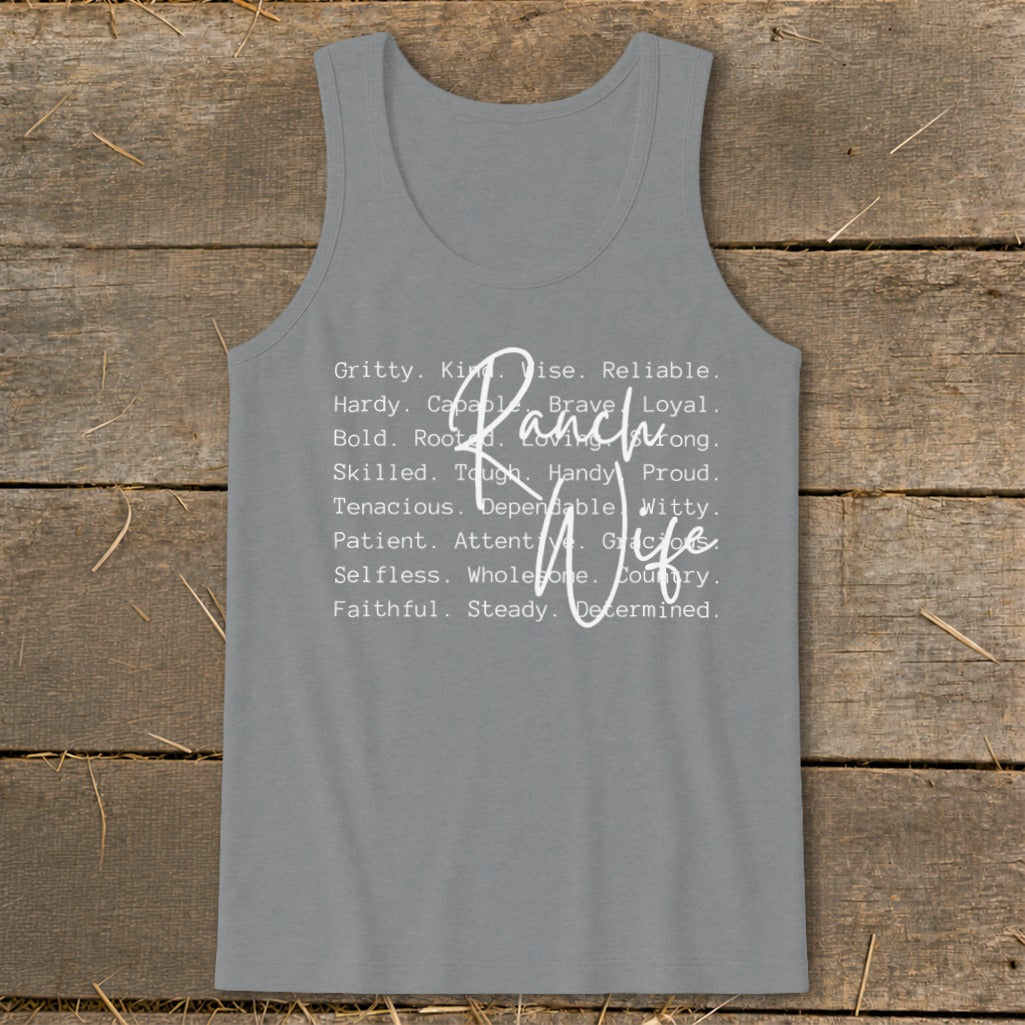 Grey tank top with white text "Ranch Wife" surrounded by descriptive words.