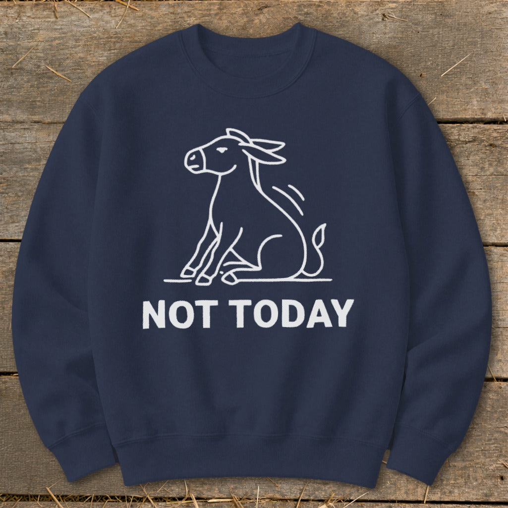 Navy sweatshirt with a white outline of a sitting donkey and the text "NOT TODAY".
