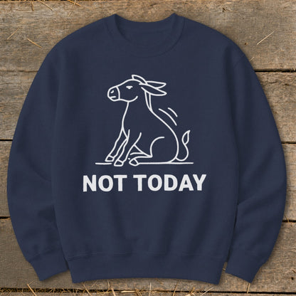 Navy sweatshirt with a white outline of a sitting donkey and the text "NOT TODAY".