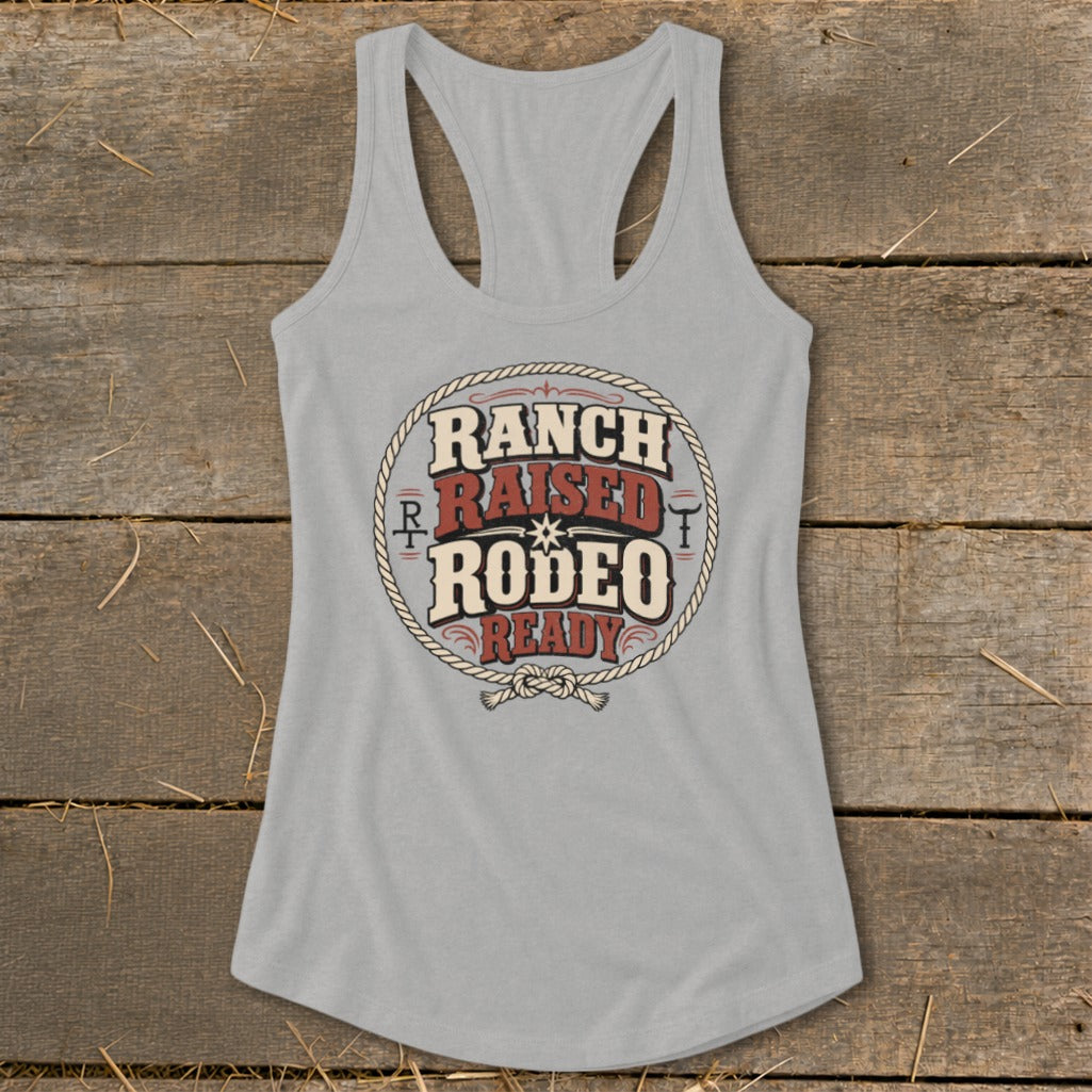 Grey tank top with "Ranch Raised Rodeo Ready" text and rope graphic.