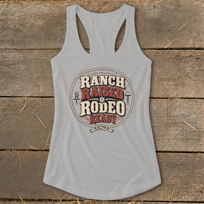 Grey tank top with "Ranch Raised Rodeo Ready" text and rope graphic.