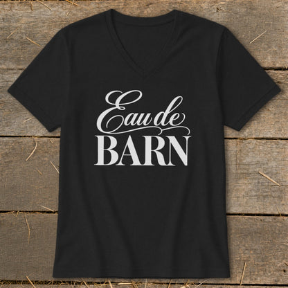 Black v-neck t-shirt with white "Eau de BARN" text across the chest.