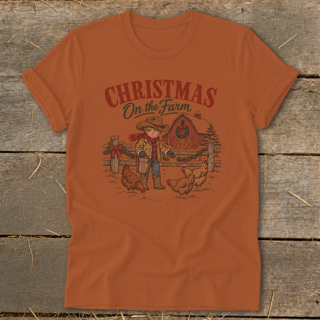 Christmas on the Farm graphic with boy feeding chickens by a red barn.