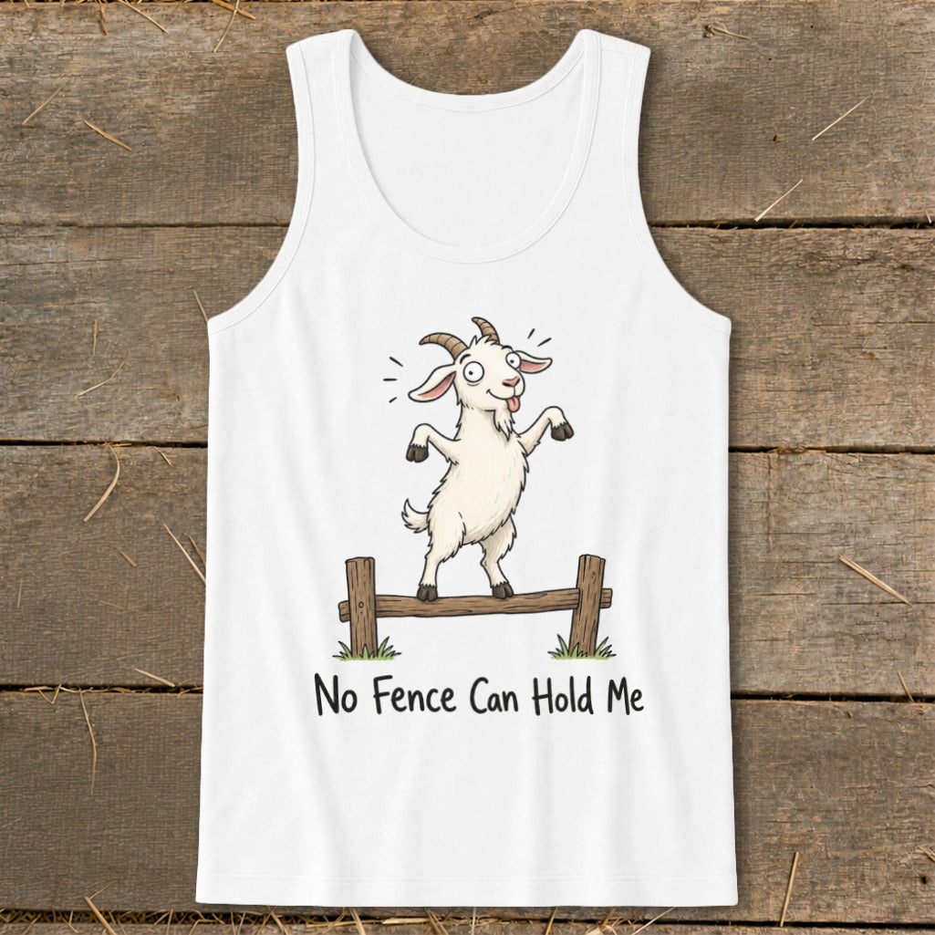 White tank top with cartoon goat on fence, reading "No Fence Can Hold Me".