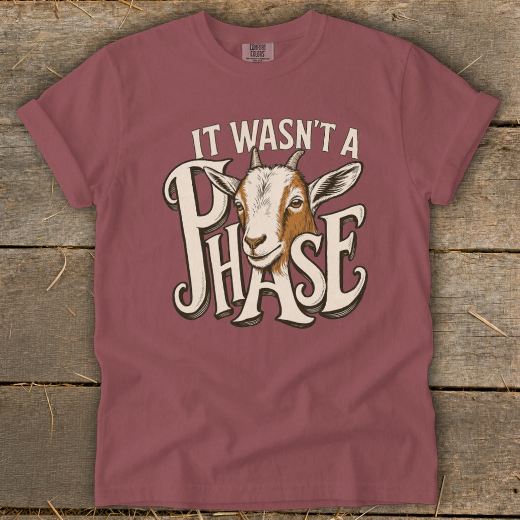 Merchandise Colors t-shirt with a goat and text "IT WASN'T A PHASE".