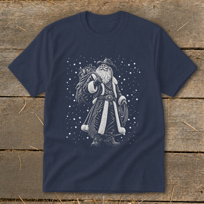 Navy t-shirt with a cowboy Santa Claus graphic carrying a sack of gifts and a lasso.