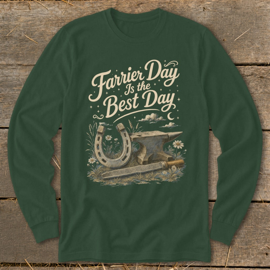 Green long sleeve shirt with "Farrier Day Is the Best Day" text and horseshoe, anvil, and file graphic.