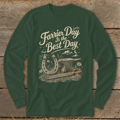 Green long sleeve shirt with "Farrier Day Is the Best Day" text and horseshoe, anvil, and file graphic.