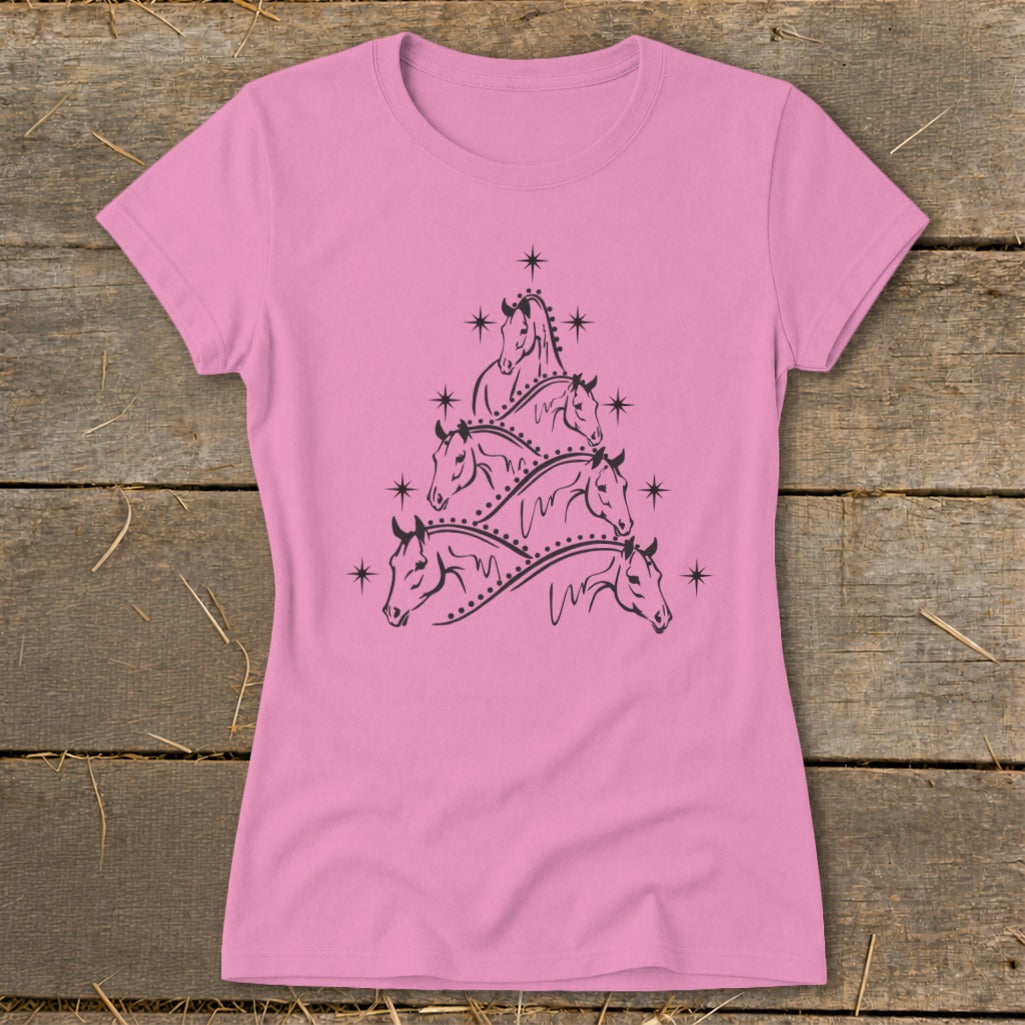 Pink t-shirt with a Christmas tree made of horse heads and stars.