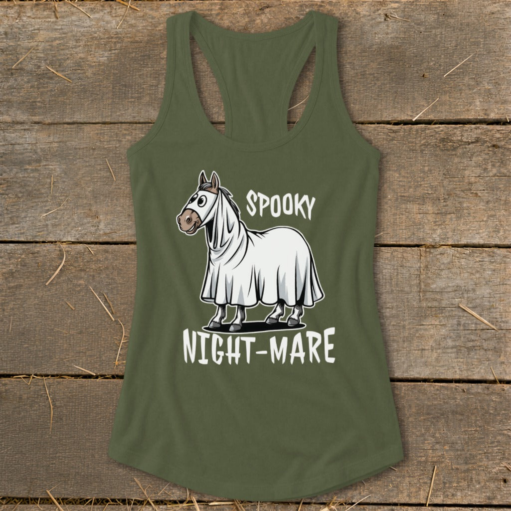 Green tank top with "Spooky Night-mare" text and horse in a ghost costume graphic.